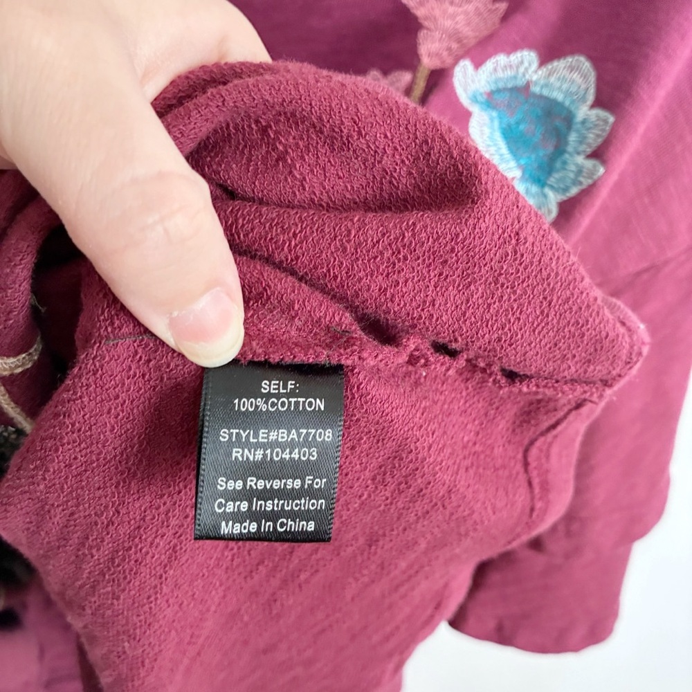 Altar'd State sweatshirt burgundy purple floral embroidered ruffled sleeves - Picture 7 of 9